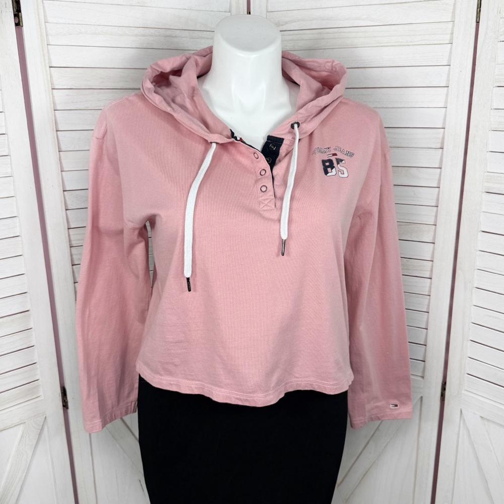 Tommy Hilfiger Nautical Logo Cropped Henley Hoodie Shirt Rose Pink XL‎